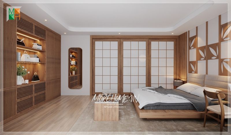 Giường ngủ gỗ tự nhiên với đệm đầu giường đơn giản sẽ giúp gia chủ có một giấc ngủ thoải mái và thư giãn.