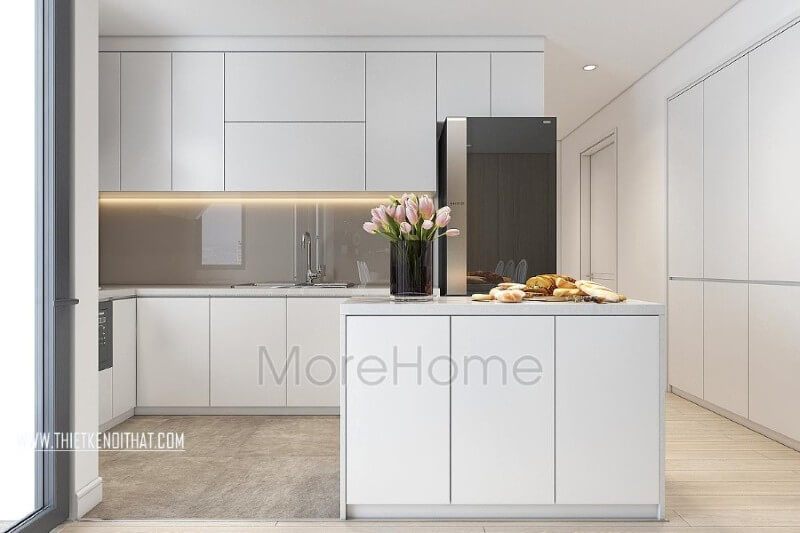 Tạo ra một không gian đồng nhất bằng cách quây gọn gàng thiết kế nội thất bếp của căn hộ hiện đại thành một khu riêng biệt.